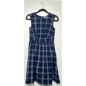 Emily and Fin Navy Plaid Sleeveless Fit & Flare Dress Pockets Size S